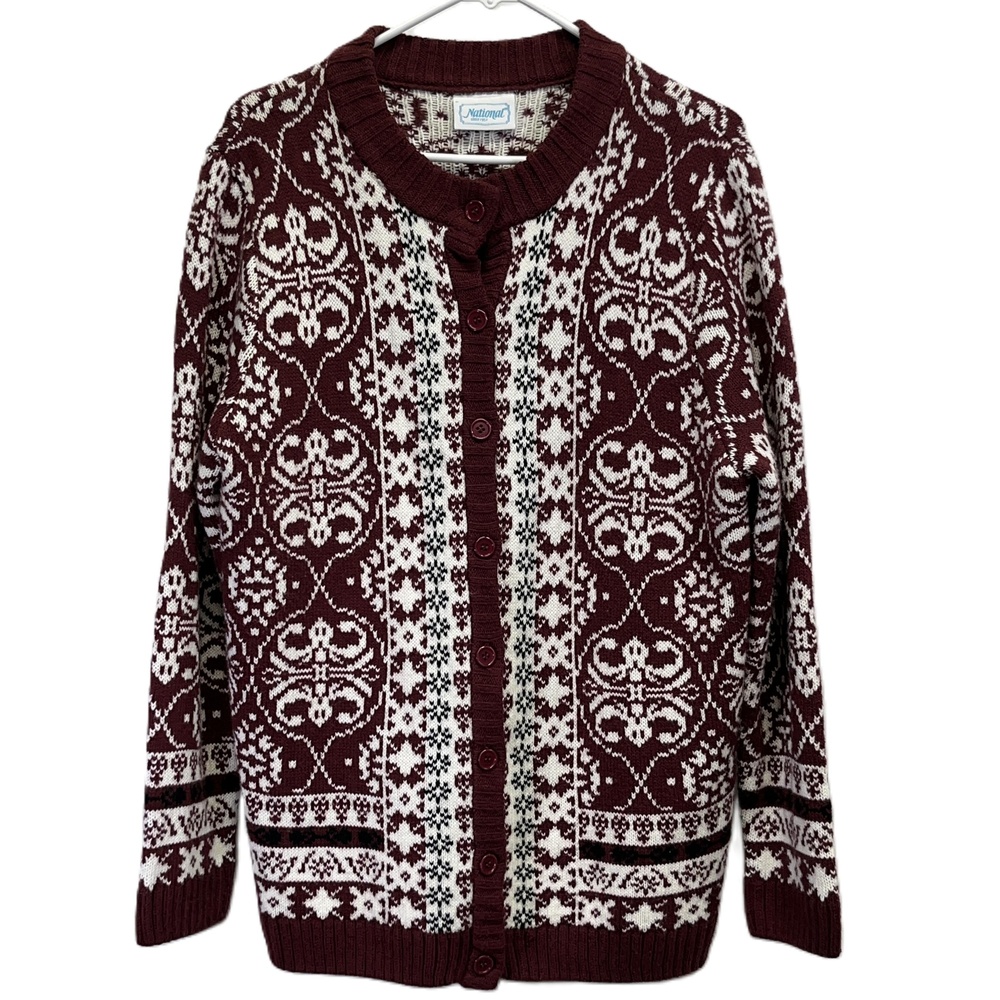 National Vintage Fair‎ Isle Burgundy Cream Womens Button Up Cardigan Sweater